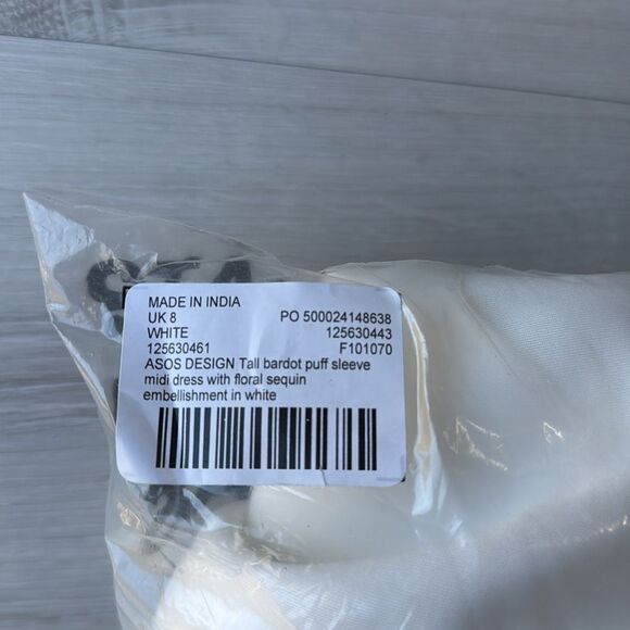 ASOS design Tall Bardot Puff Sleeves White Off-Shoulder Dress w/ Sequins 4 NWT - Picture 6 of 8